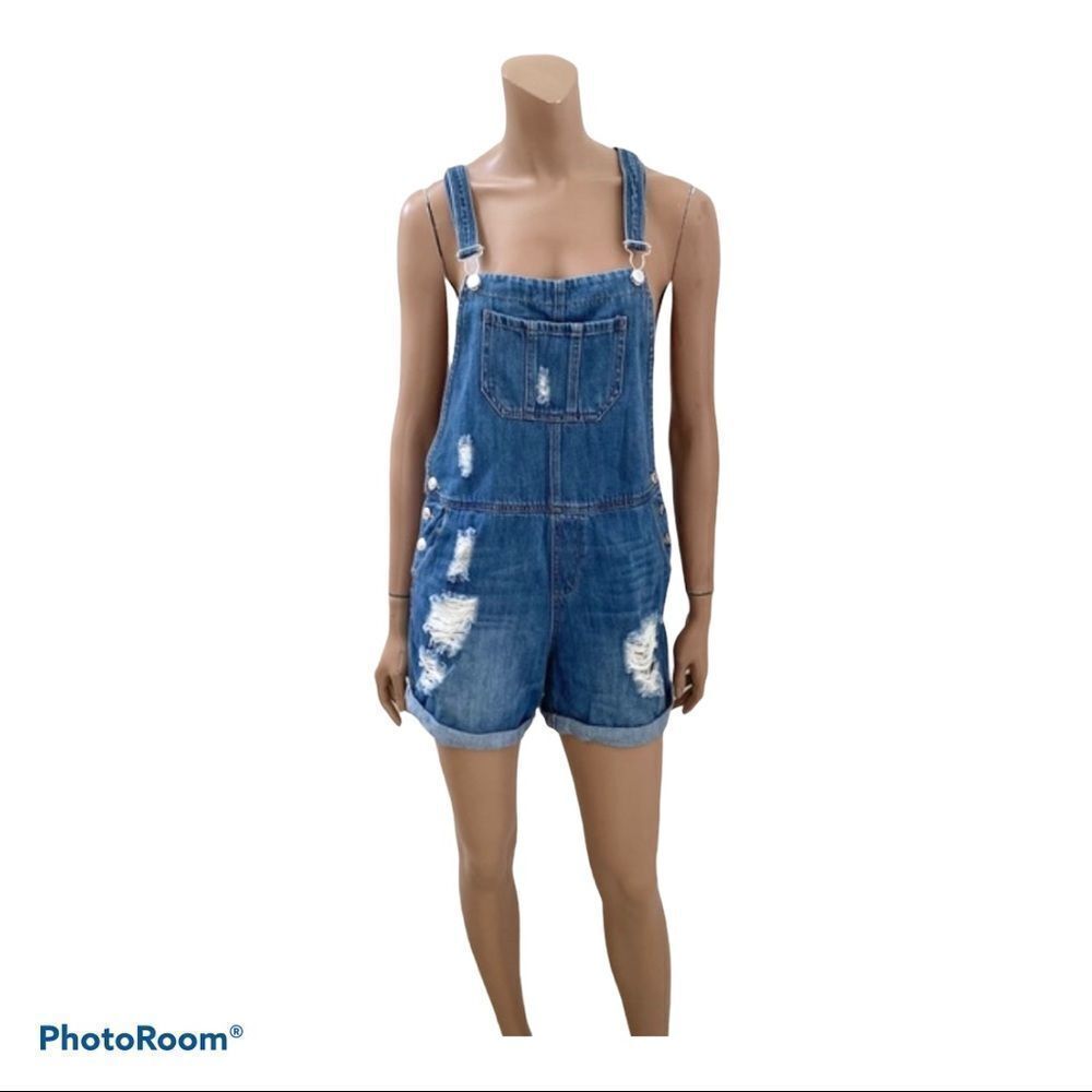 Mango Medium Wash Blue Denim Distressed Overalls M - Picture 2 of 10